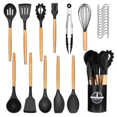 Küchenhelfer Set 24-teilig Kochutensilien: Antihaft Hitzebeständig Silikon Kochgeschirr - Pfannenwender Kochbesteck Küchenutensilien mit Holzgriff 12 S-Haken, Schwarz Küchenhelfer Set 24-teilig Kochutensilien: Antihaft Hitzebeständig Silikon Kochgeschirr - Pfannenwender Kochbesteck Küchenutensilien mit Holzgriff 12 S-Haken, Schwarz von Cheerhom