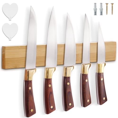 Magnetleiste Messer mit Extra Starkem Magnet, Magnetisch Messerhalter aus Bambus 40 x 6 x 2 cm, Messerblock Magnetisch Holz Selbstklebend für Utensilien und Werkzeuge von Cheerhom