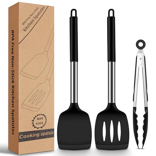Pfannenwender Silikon, 2 Stück Silikon Spatel Küche + 1 Küchenzange Anzug, Hitzebeständiger Silikon Küchenhelfer BPA-frei, Schwarz Küchenhelfer Antihaft Spachtel zum Kochen Pfannenwender Silikon, 2 Stück Silikon Spatel Küche + 1 Küchenzange Anzug, Hitzebeständiger Silikon Küchenhelfer BPA-frei, Schwarz Küchenhelfer Antihaft Spachtel zum Kochen von Cheerhom
