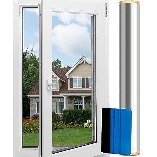 Spiegelfolie für Fenster Anti-UV, Spiegelfolie Fenster Blickdicht von außen, Sonnenschutzfolie Fenster innen Selbsthaftend, UV-Schutz Fensterfolie Silber 90 x 200 cm von Cheerhom