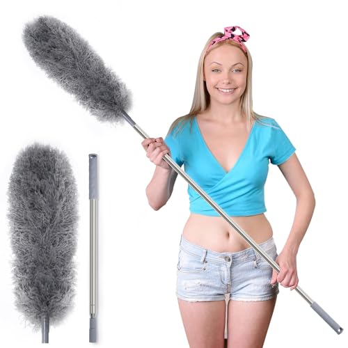 Staubwedel Teleskop Waschbar, Staubwischer Mikrofaser Edelstahl Teleskop Stange und Verbiegbare Eckbesen, Waschbarer,Staubwedel Lang Ausziehbar Extra Lang Bis 254 cm, für Decken Spinnweben von Cheerhom