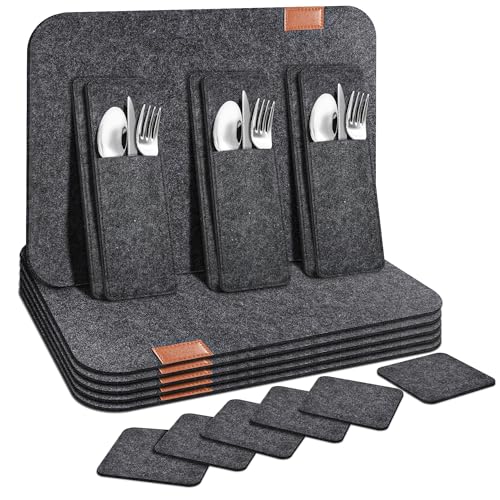 Tischset aus Filz 18er Set, 6 Tischsets Abwaschbar Platzsets rutschfest Hitzebeständig Platzdeckchen mit 6 Untersetzer 6 BestecksäCken für Küche Speisetisch, 44x32cm【Anthrazit】 von Cheerhom