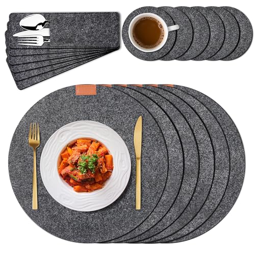 Tischset aus Filz 18er Set, 6 Tischsets Abwaschbar Platzsets rutschfest Hitzebeständig Platzdeckchen mit 6 Untersetzer 6 BestecksäCken für Küche Speisetisch (Rund) von Cheerhom