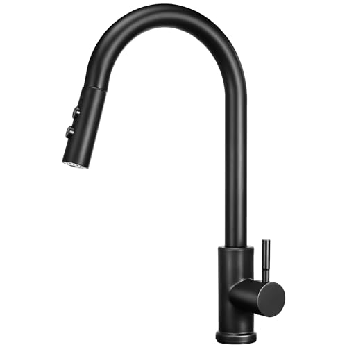 Wasserhahn Küche Schwarz Ausziehbare Küchenarmatur mit 50 cm Brauses chlauch – 360° Drehbar, 2 Sprühfunktionen, Edelstahl 304, Einfache Montage (Bohrloch Ø32,45 mm), Mischbatterie Küche, Armatur Küche von Cheerhom