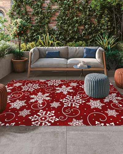 Outdoor-Teppich für Terrasse, Weihnachten, Winter, Schneeflocke, abstrakt, Camping-Teppich, Innenbereich, große Bodenmatte, 1,5 x 2,4 m, künstlerische Textur auf rotem Außenteppich für Terrasse Outdoor-Teppich für Terrasse, Weihnachten, Winter, Schneeflocke, abstrakt, Camping-Teppich, Innenbereich, große Bodenmatte, 1,5 x 2,4 m, künstlerische Textur auf rotem Außenteppich für Terrasse von Chees D Zone