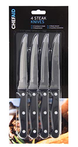 Chef Aid Steakmesser-Set, Edelstahl, gezahnt, 4er-Set, robustes, multifunktionale Küchenmesser mit angenehmem Griff, ergonomisch, rutschfest, rostfrei, scharfes Speisemesser, Silber, Schwarz von Chef Aid