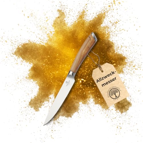 CHEF CUISINE Allzweckmesser mit Olivenholzgriff – Kochmesser handgeschmiedet, 13,5 cm Klinge, 54-56 HRC-Klingenhärte, rostfrei, ergonomisch, scharfe Klinge von Hand geschliffen und poliert von Chef Cuisine International