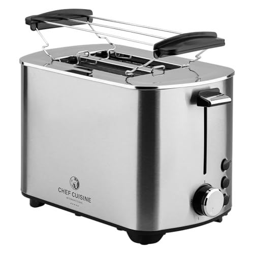 CHEF CUISINE Design-Edelstahltoaster 850W, 2 Scheiben, 5 Bräunungsstufen, Auftau- & Aufwärmfunktion, wärmeisolierendes Edelstahlgehäuse, Brötchenaufsatz, Staubschutzabdeckung & Krümelschublade von Chef Cuisine International