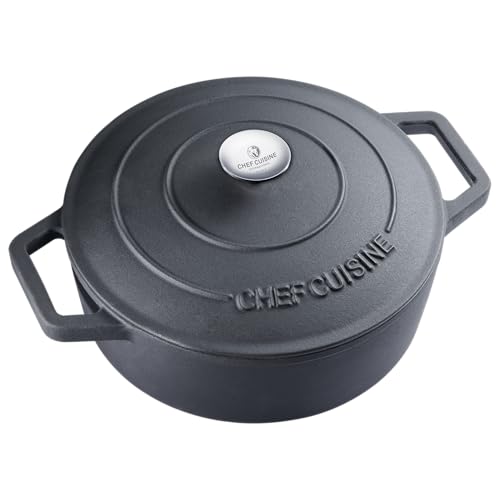 CHEF CUISINE Schmorpfanne 28 cm Gusseisen, hoher Rand, 4,5 L Fassungsvermögen, inklusive Deckel mit Edelstahl Griff, Induktionsgeeignet, Antihafteffekt von Chef Cuisine International