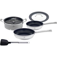 CHEF CUISINE International Pfannen-Set, Edelstahl 18/10, (Set, 5 tlg., 1xServierpfanne, 2xBratpfanne 24+28 cm,1xUniversal-Glasdeckel,1xWender), Teflon™ Antihaft, induktionsgeeignet, spülmaschinengeeignet, rostfrei von Chef Cuisine International