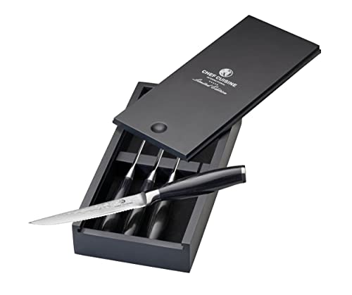 CHEF CUISINE Damast Steakmesser Set mit Pakkaholzgriff – 4 handgeschliffene Steakmesser aus 67-lagigem Damaszenerstahl mit Aufbewahrungsbox, 12 cm Klinge, 54-56 HRC-Klingenhärte, rostfrei von Chef Cuisine International