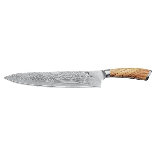 Chef Cuisine Damast Chefmesser mit Olivenholzgriff – Kochmesser handgeschmiedet, 25,4 cm Klinge mit 60±1 HRC-Klingenhärte, rostfrei, ergonomisch, scharfe Klinge von Hand geschliffen von Chef Cuisine International