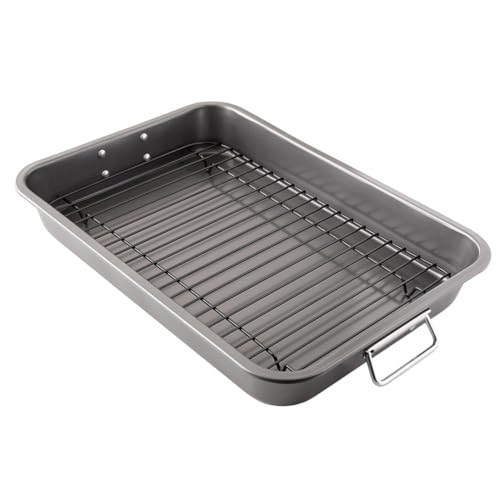 Chef Pomodoro - Ofenform mit Rost - Grau - 41 x 28 cm - Antihaftbeschichtet - Großer Bräter mit Rost & Fettauffangschale - Perfekt für Fleisch, Fisch, Gemüse von Chef Pomodoro