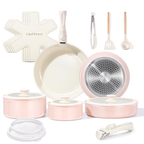Chef Power Keramik-Kochgeschirr-Sets, 19-teiliges Set mit Töpfen und Pfannen mit abnehmbarem Griff, Induktion, spülmaschinenfest, ofenfest, Wohnmobil-Küchenset, abnehmbarer Griff, Hellrosa Chef Power Keramik-Kochgeschirr-Sets, 19-teiliges Set mit Töpfen und Pfannen mit abnehmbarem Griff, Induktion, spülmaschinenfest, ofenfest, Wohnmobil-Küchenset, abnehmbarer Griff, Hellrosa von Chef Power