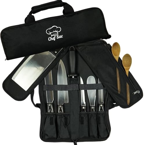 Küchenmessertasche Rolltasche Etui | 8 Taschen für Messer & Küchenutensilien 2 Schutzklappen mit Metzger-Messertasche Netztasche Strapazierfähige Messertasche Köche kulinarische Studenten (schwarz) von Chef Sac