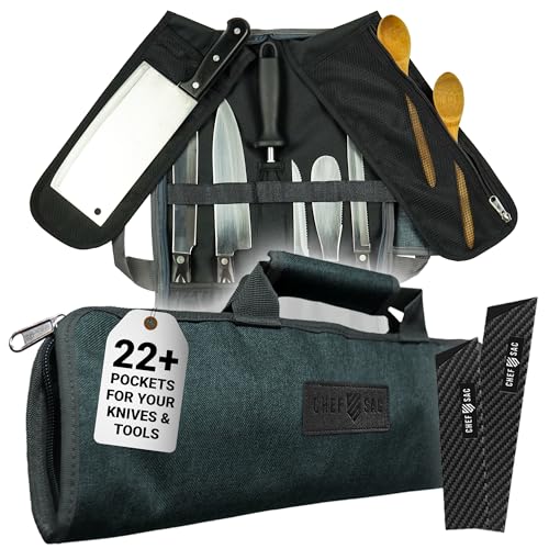Küchenmessertasche Rolltasche Etui | 8 Taschen für Messer & Küchenutensilien 2 Schutzklappen mit Metzger-Messertasche Netztasche Strapazierfähige Messertasche Köche kulinarische Studenten (Denimgrau) von Chef Sac