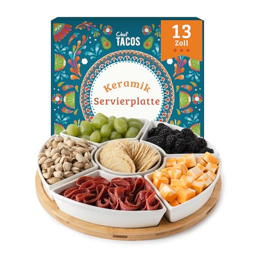 Chef Tacos Ceramic Taco Serving Platter - Divided Serving Tray for Taco Tuesday Lazy Susan Taco Bar - Chip and Dip Serving Set for Party - Appetizer Serving Tray for Salsa, Snacks (33 cm) von Chef Tacos