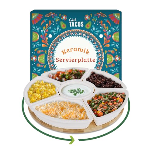 Chef Tacos - Snackteller - 26 cm - Mehrere Schalen mit Platz für leckere Snacks - Drehbarer Servierteller mit hochwertigen Keramik Schalen - Perfekt geeignet für Snacks, Dips, Obst und vieles mehr von Chef Tacos