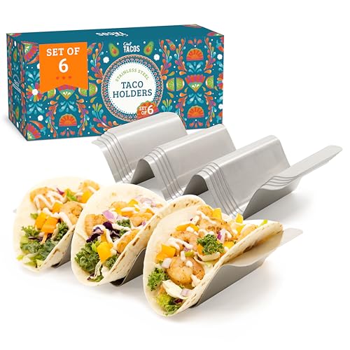 Chef Tacos Taco Halter Set (6 Stück) - Breite Taco Ständer aus Edelstahl – Tortilla Halter mit Haltegriffen – Spülmaschinenfest & Backofenfest – Perfekt für Taco Shells und auch als Hotdog Halter von Chef Tacos