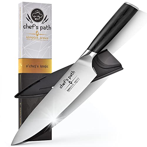 Chef's Path Kochmesser -Extrem scharfes Küchenmesser Fleischmesser 20 cm aus deutschem Edelstahl- Allzweck-Profimesser mit ergonomischem Griff, Scheide & Geschenkbox zum Schneiden & Hacken von Chef's Path