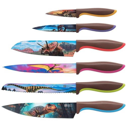 Chef’s Vision Jurassic Messerset - 6-teiliges Edelstahl-Küchenmesserset mit wunderschönen Dinosaurierdesigns - Perfektes Einweihungsgeschenk für Frauen oder Männer - Einzigartiges Messerset von Chef's Vision