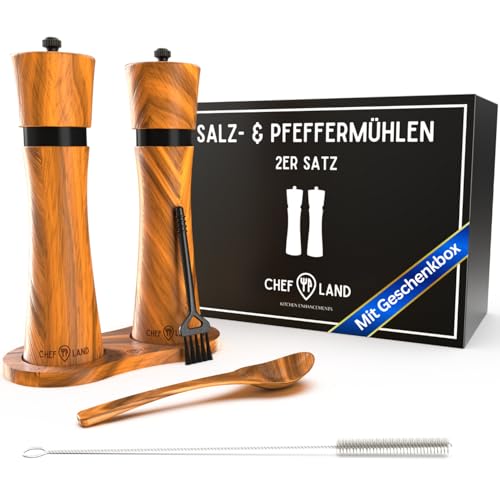 Salz und Pfeffermühlen Set aus Holz mit Untersetzer | Premium Gewürzmühlen in Geschenkverpackung | Langlebiger Keramikmahlwerk | ChefLand Kitchen Enhancements von ChefLand Kitchen Enhancements
