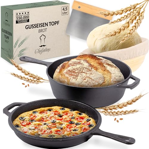 Chefarone Gusseisen Topf mit Griff 2in1 inkl. Gärkorb und Teigschaber - Brotbackform mit Deckel 3L - Bräter mit Deckel Backofengeeignet - Gusseisen Topf Brot Backen zu Hause - Brottopf zum Backen von Chefarone