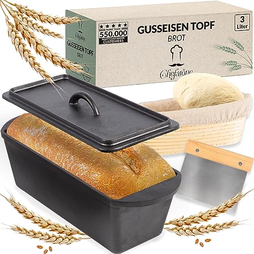 Chefarone Gusseisen Brotbackform mit Deckel - Backform für Brot und Kuchen - brotbacktopf aus gusseisen - Kastenform Backen Braten rechteckig - Gusseisen Topf Brot backen - 28 x 12 cm von Chefarone