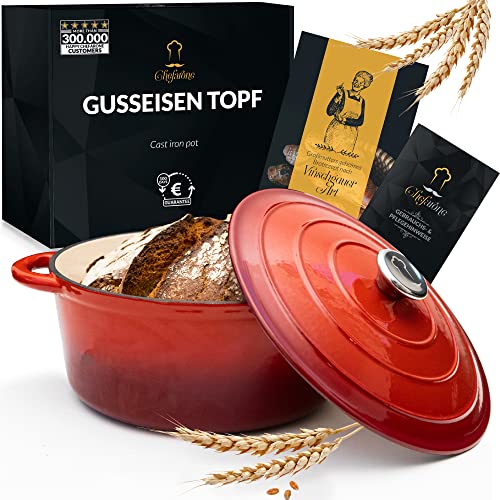 Chefarone Gusseisen Topf 26 cm 4,7 L emailliert - Schmortopf mit Deckel Induktion - Gusseisen Bräter Topf Brot backen - Cocotte emaille - Bratentopf - Brotbacktopf von Chefarone