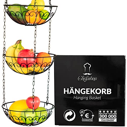 Chefarone Obstkorb hängend - 130cm Küchenampel für mehr Platz auf Ihrer Arbeitsplatte - Obst Hängekorb Küche - Obstschalen zum Aufhängen(schwarz) von Chefarone