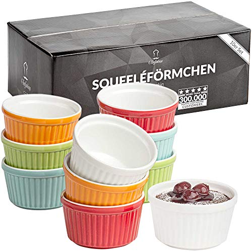 Chefarone® Soufflé Förmchen Backofenfest 10er Set - Creme Brulee Schälchen Keramik zum Backen und Anrichten - Mini Auflaufformen 200 ml - 10er Set Multicolor (9x7.5x5CM) von Chefarone