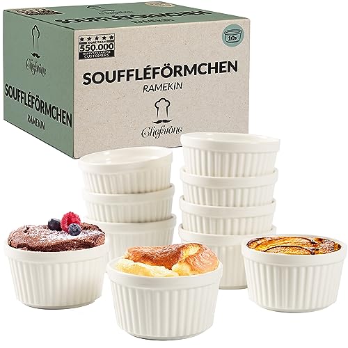 Chefarone® Soufflé Förmchen Backofenfest 10er Set - Creme Brulee Schälchen Keramik zum Backen und Anrichten - Mini Auflaufformen 200 ml - 10er Set weiß (9x7.5x5CM) von Chefarone