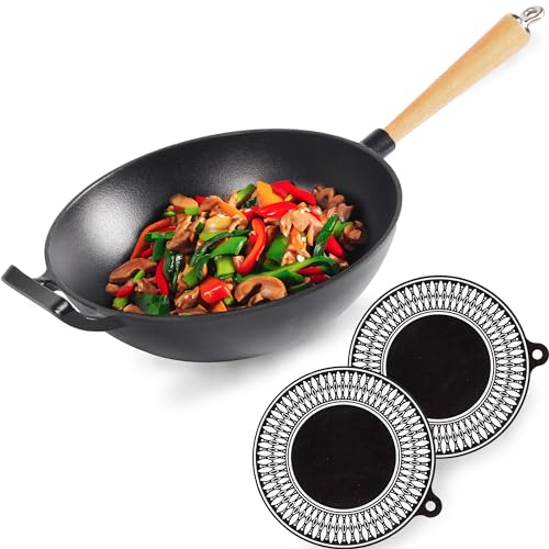 Chefarone Wok Gusseisen mit Emaille-Beschichtung - Gusseisenpfanne Induktion mit abschraubbarem Holzgriff - Wokpfanne Gusseisen - Grillpfanne Induktion 28cm Durchmesser von Chefarone