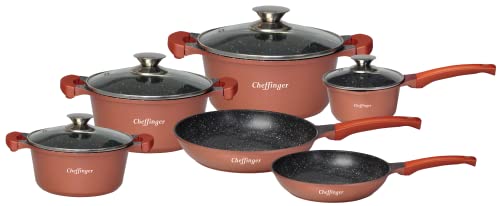 10-Teilig Kochgeschirr-Set Topf Induktion Alu Guss Pfanne Topfset Kochtopfset Marmor Copper von Cheffinger