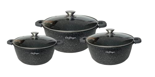 6-Teilig Kochgeschirr-Set 32/36 / 40 cm Topf Induktion Alu Guss Pfanne Topfset Kochtopfset Marmor 32/36 / 40 cm von Cheffinger