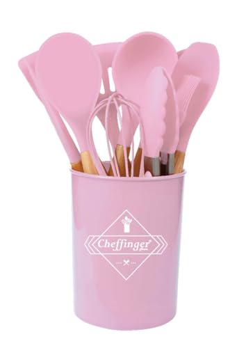 Cheffinger 12-TLG Küchenhelfer Kochbesteck Silikon Holzgriff Pink von Cheffinger
