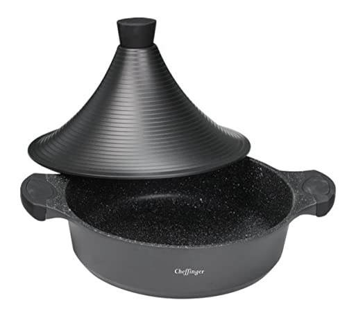 Cheffinger Aluguss Tajine Tagine Ø28cm Induktion Silikongriffe Gartopf Dampfgarer Bräter, Schwarz von Cheffinger