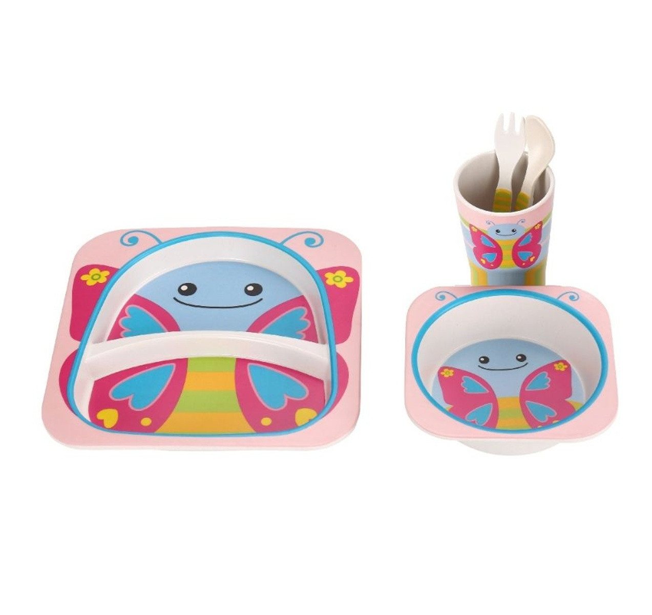 Cheffinger Kindergeschirr-Set 5-tlg aus Bambus in Schmetterlingsdesign - robust & bunt (5-tlg), Bambus von Cheffinger