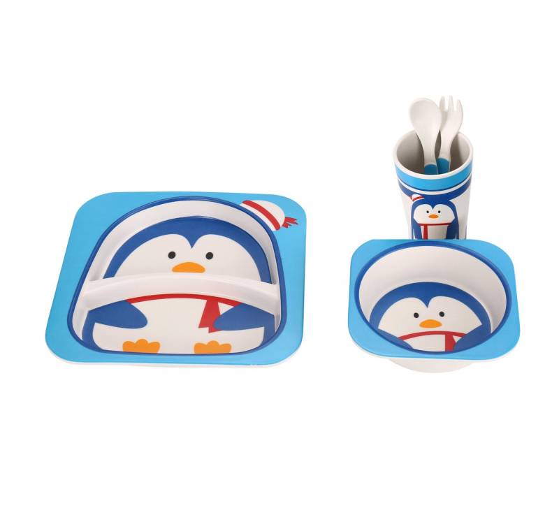 Cheffinger Kindergeschirr-Set 5-tlg. aus Bambus in Pinguinmotiv - robust & bunt (5-tlg), Bambus-Fasern von Cheffinger
