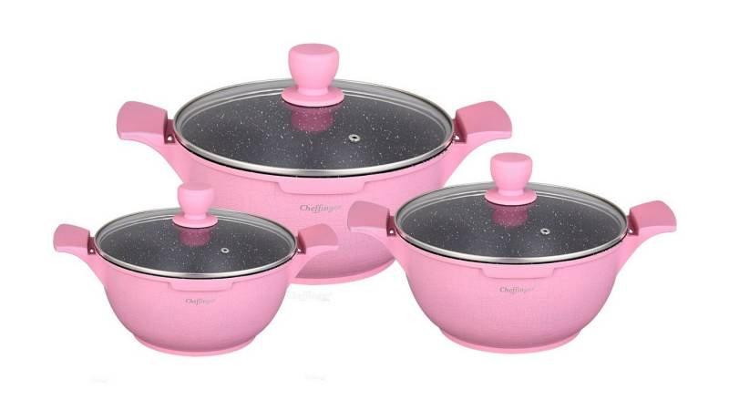 Cheffinger Kochtopf Kochtopfset 20-24-28cm 6-tlg Topf Induktion Alu Guss Geschirr Pink von Cheffinger