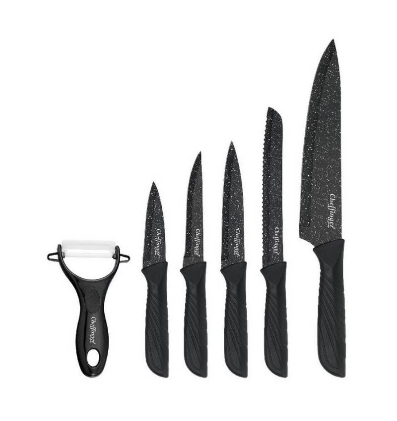 Cheffinger Messer-Set 6-teilig mit Schäler in Schwarz - kompakt, scharf & stilvoll (6-tlg), Edelstahl, 6-teilig von Cheffinger