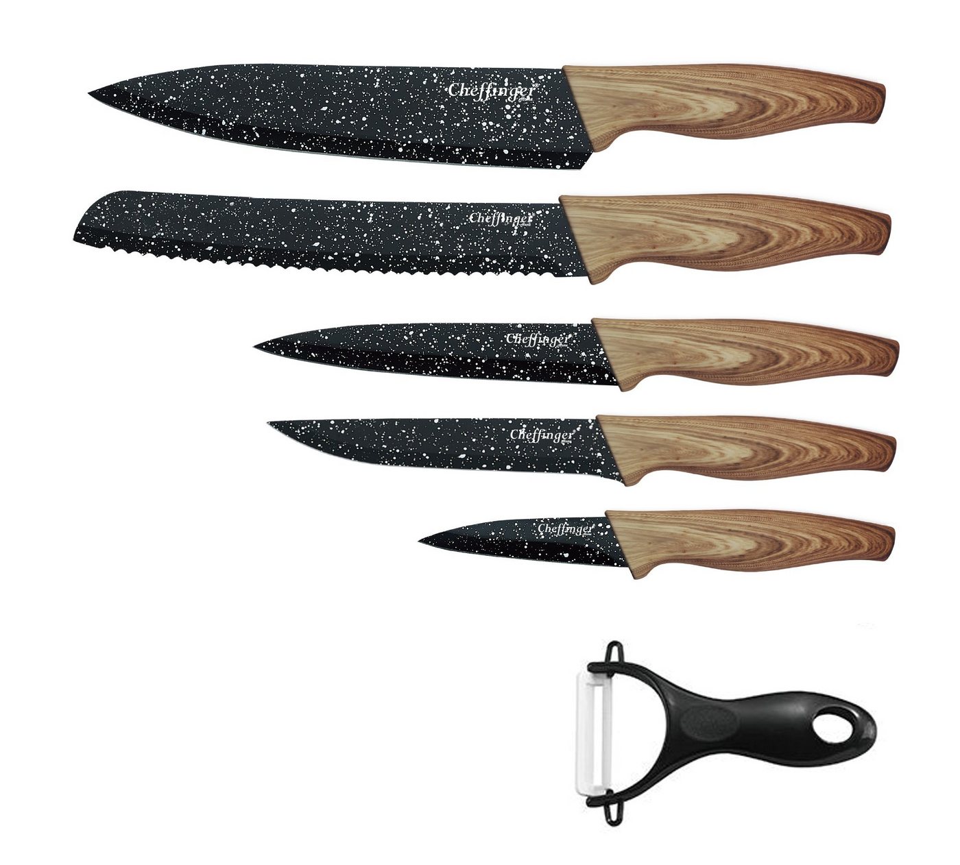 Cheffinger Messer-Set Messerset 6-tlg Messer Kochmesser Sparschäler.MB06 Holzoptik von Cheffinger