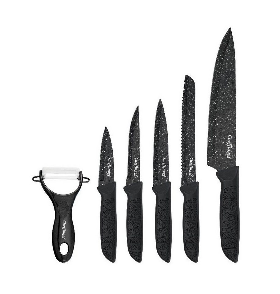 Cheffinger Messer-Set mit Schäler in Schwarz - vielseitig & ergonomisch, 6-teilig (6-tlg), Edelstahl, 6-teilig von Cheffinger