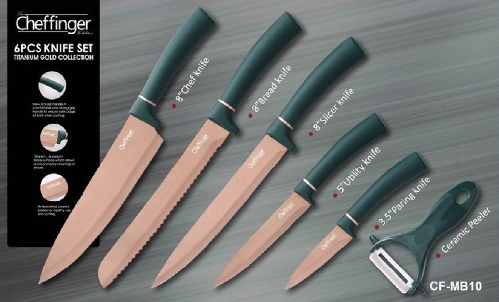 Cheffinger Messer-Set Messer Kochmesser Sparschäler Messerset 6-tlg. Cheffinger CF-MB10 Grün von Cheffinger