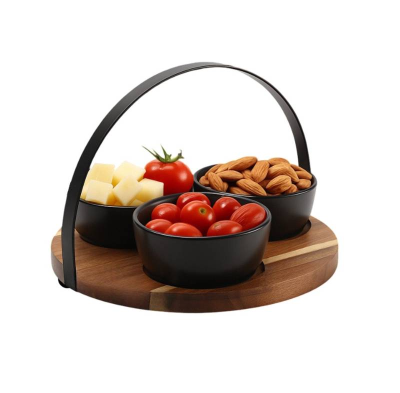 Cheffinger Servier-Set 4-tlg. Servierset mit 3 Schalen auf Bambus-Holztablett mit Griff, Keramik, Bambus, (4-tlg) von Cheffinger