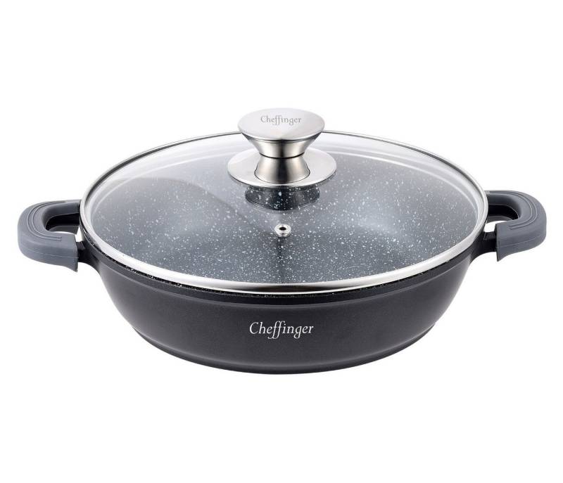Cheffinger Servierpfanne Pfanne Bratpfanne Schmorpfanne mit Glasdeckel Aluguss Ø32cm, Material: Aluminium, Glas, rostfreier Stahl (Pfanne mit Glasdeckel) von Cheffinger