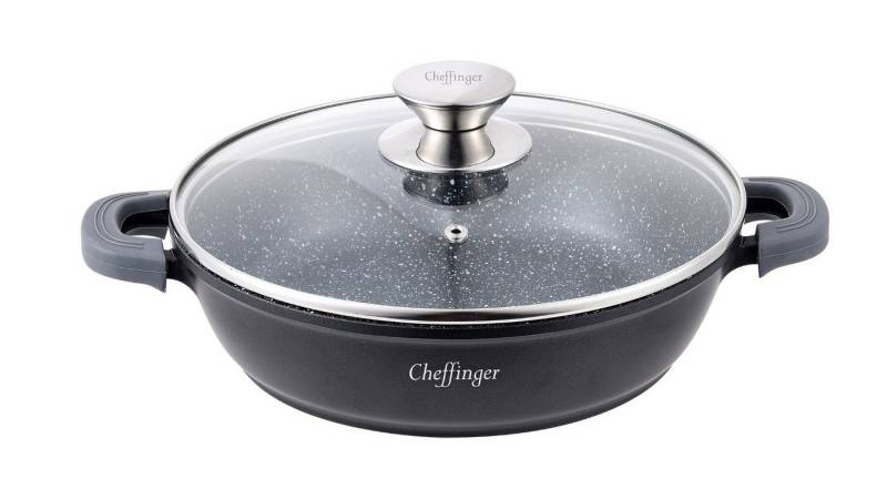Cheffinger Servierpfanne Schmorpfanne Kochtopf Deckel Induktion Ø24cm Aluguss Topf Pfanne, Aluminiumguss von Cheffinger