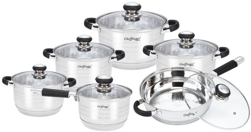 Cheffinger Topf-Set Cheffinger Kochtopf Pfannen Topfset Deckel 12-tlg Induktion Edelstahl, Material: Edelstahl, Glas, Kunststoff von Cheffinger