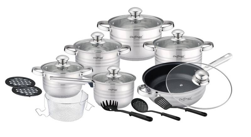 Cheffinger Topf-Set Cheffinger Kochtopf Pfannen Topfset Glasdeckel 18-tlg Induktion, Material: Edelstahl, Glas, Kunststoff von Cheffinger