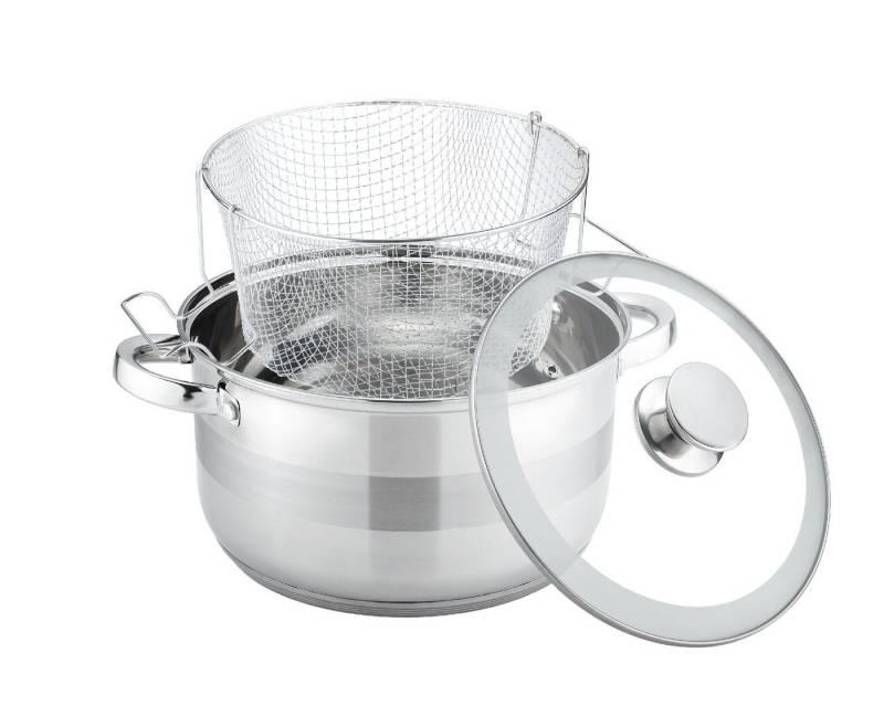 Cheffinger Topf-Set Frittiertopf Fritteuse Pommes Topf + Frittierkorb + Glasdeckel, Material: Glas, Edelstahl von Cheffinger